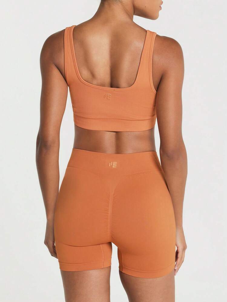 11SKNDS Seamless Ribbed Sports Bra With Scoop Neck, Wide Straps, And Cropped Fit Low-Impact Gym Yoga Workout Bra For Summer Training - Yellow - View 2