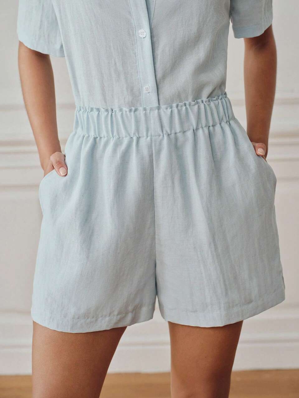 Anewsta Vacation Casual Fashion Design Elastic Waist Solid Color Women's Shorts, Summer, Beach