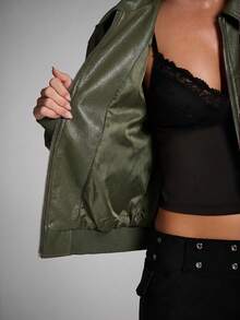 SHEIN x Tata & Beatriz SHEIN BAE Women's Solid Color PU Leather Long Sleeve Zipper Front Jacket - Army Green - View 8