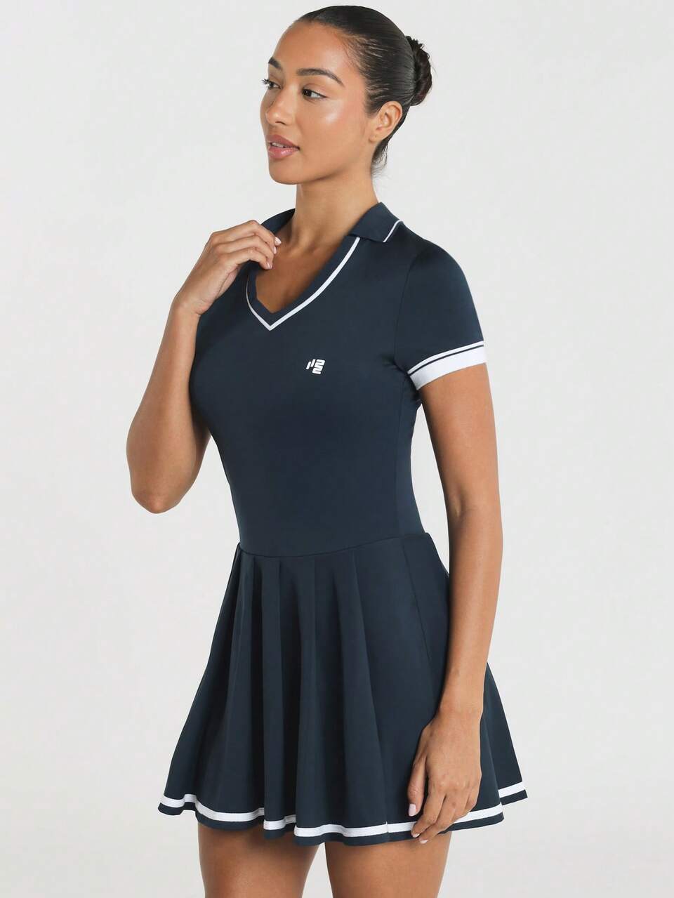 11SKNDS V-Neck Collared Tennis Dress With Pleated Skirt Cap Sleeves Contrast Tipping And Logo Detail Mini Length