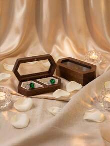1 Pack Double Compartment Black Walnut Wood Vintage Shaped Ring Box With Clear Viewing Window Soft Velvet Lining Secure Magnetic Closure For Wedding Band Storage Engagement Proposal Anniversary Valentine Gift - Multicolor - View 9