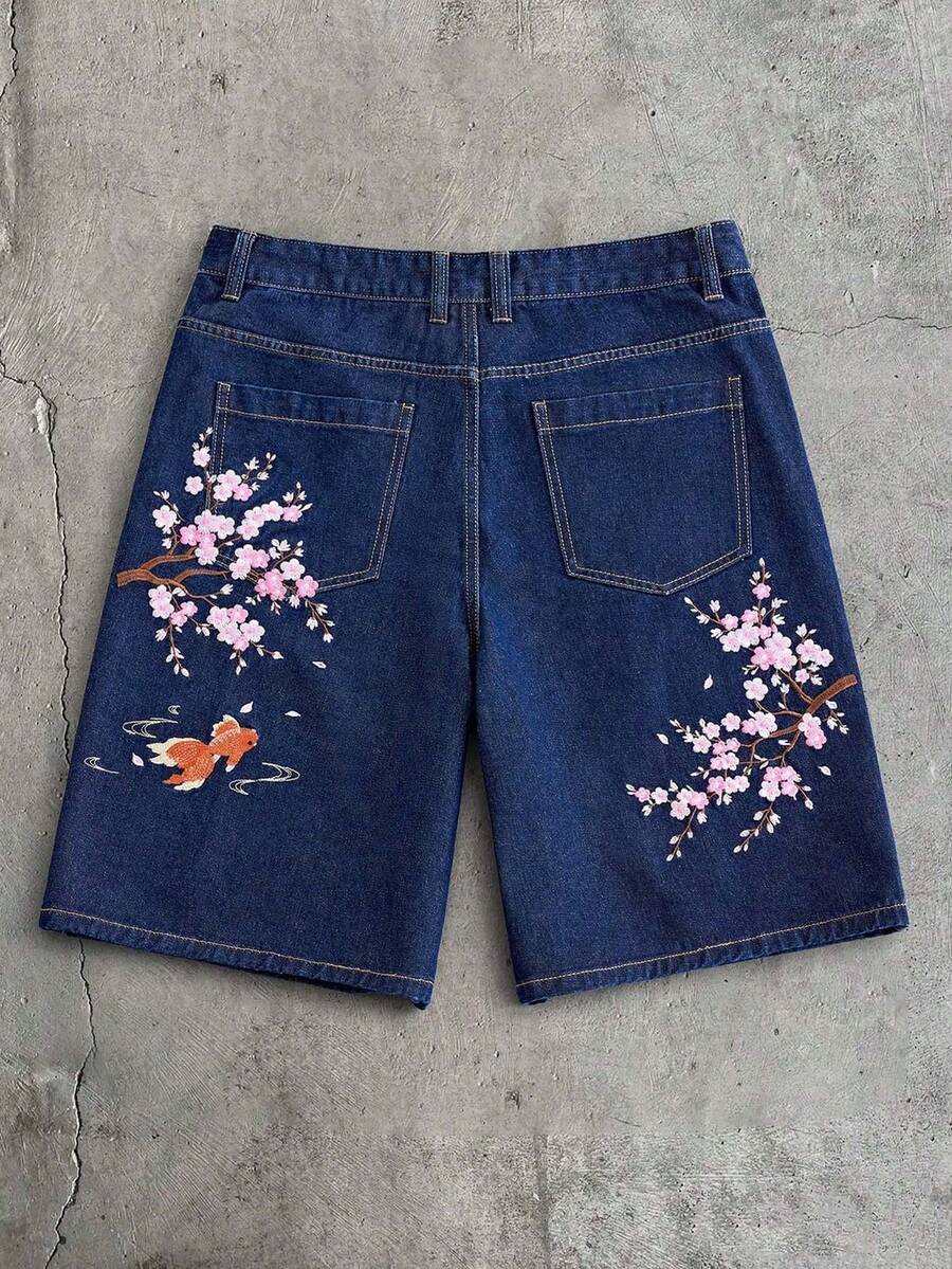 AXEPEAK Celana Pendek Denim Kasual Pria Model Vintage Niche dengan Bordir Bunga, Potongan Longgar dan Lebar, Cocok untuk Musim Panas - Navy Blue - View 1