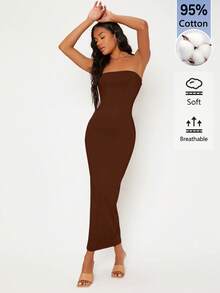SHEIN BASICS 女款純色抹胸修身優雅洋裝 - 巧克力棕 - 查看 1