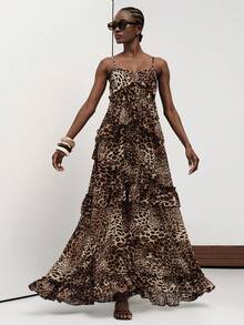 Aveloria Modichic European Style Brown Zebra Print Spaghetti Strap Dress Women Summer 2026 New Asymmetrical Ruffle Tiered For Vacation Night Out Sexy - Multicolor - View 7