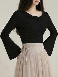 DAZY Women's Solid Color Cowl Neck Flare Sleeve Fashion T-Shirt Fall - Black - View 2