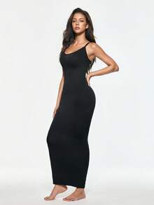 SHAPORA Plus Size Women's Solid Color Casual Daily Wear Bodycon Spaghetti Strap Dress - Black - View 5