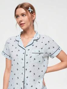 Bonmuse Conjunto de Pijama com Estampa de Laço, Manga Curta e Shorts para Mulheres - Azul bebê - Visão 3
