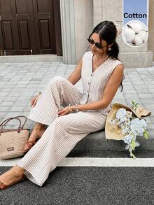 Serisse Women's Striped Single-Breasted Vest And Pants Casual Two Pieces Set - Apricot - View 7