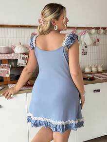Slumberry CURVE Sweet Romantic Exaggerated Lace Frill Trim Tie-Up Mini Knit Comfortable Plus Size Nightgown - Blue - View 4