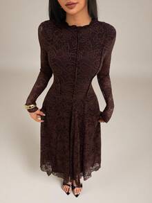 SHEIN PETITE Elegant Dark Brown Lace Dress For Women,Dresses For Women Elegant Dinner Autumn - Coffee Brown - View 3