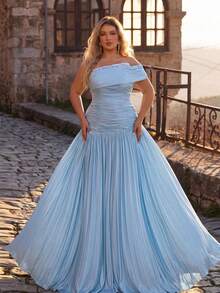 Glamrae Plus Size Elegant Romantic Light Blue Tulle & Satin One-Shoulder Rhinestone Embellished Ruched Mermaid Hem Evening Gown, Suitable For Evening Party, Ball, Vacation, Date, Wedding Event, Guest Dress - Blue - View 2