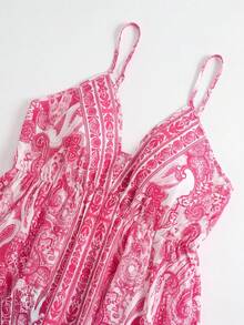Linhara CURVE Böhmisches Blumen-Spaghetti-Träger-Rückenfrei-Bindekleid in Midi-Länge, fließendes Sommer-Urlaubskleid - Pink - Übersicht 4
