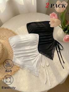 SHEIN MOD 2件組女款蕾絲拼接百褶休閒百搭日常外出抹胸上衣 - 黑與白 - 查看 2
