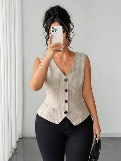 Elenzga Plus Size Women's Vintage Pinstripe V-Neck Blazer Vest, Single-Breasted Waist-Cinching Slim Fit Sleeveless Commuter Top