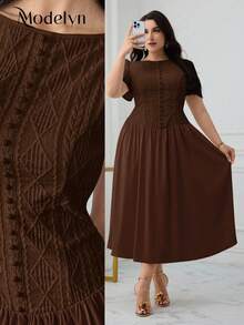 Modelyn Plus Size Women Solid Color Pleated Casual Party Dress - Coffee Brown - View 1