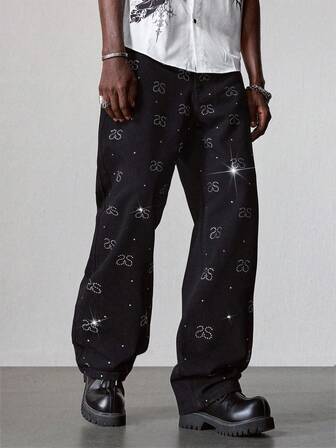 Street Life Jeans da uomo con gamba dritta e decorazioni in strass alla moda
