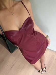 Aloruh Women's Spaghetti Strap Sweetheart Neckline Fitted Burgundy PU Mini Dress - Burgundy - View 4