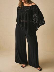 Freevana Plus Size Women's Black Set, Asymmetrical Neckline Sheer Loose Top Wide Leg Pants, Elegant Spring Summer Early Autumn Dinner Formal Night - Black - View 8
