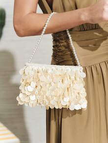 SHECARRY WOMEN'S FASHION BEIGE HANDBAG, EXQUISITE PEARL BEADS, SHELL PIECE DECORATION, SUMMER VACATION, TRAVEL, SEASIDE, BEACH, BOHEMIAN, PARTY - Beige - View 1
