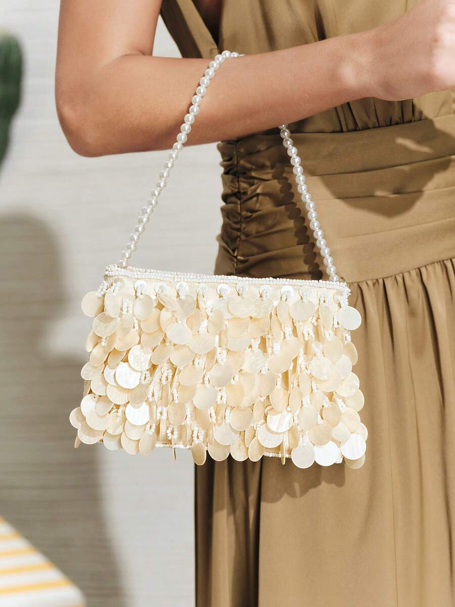 SHECARRY WOMEN'S FASHION BEIGE HANDBAG, EXQUISITE PEARL BEADS, SHELL PIECE DECORATION, SUMMER VACATION, TRAVEL, SEASIDE, BEACH, BOHEMIAN, PARTY - Beige - View 1