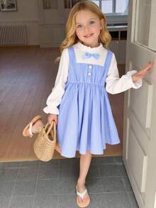 Young Girl Autumn 2 In 1 Dress, Textured Blue And White Patchwork Design, Exquisite Bow + Pearl Button Embellishment, Soft Skin-Friendly Fabric, Gentle Preppy Style High-Quality Children's Clothing - Blue - View 4