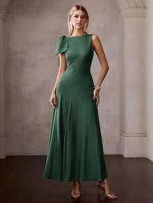 MOTF PREMIUM SUMMER FRENCH BOW TIE STRAP FASHION ELEGANT ELEGANT A-LINE DESIGN WOMEN'S DRESS - Dark Green - View 5