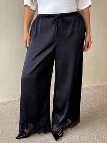 Auralis Plus Size Women's Solid Color Waist Tie Wide Leg Loose Pants Decent Traditional Casual Office Dates Wedding Guest Night Formal Lace Trim Black Autumn - Black - View 2