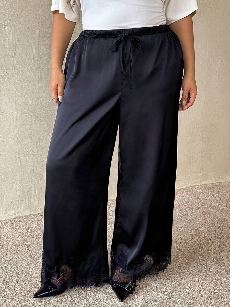 Auralis Plus Size Women's Solid Color Waist Tie Wide Leg Loose Pants Decent Traditional Casual Office Dates Wedding Guest Night Formal Lace Trim Black Autumn