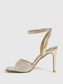 CUCCOO SZL Women's Gold Square Toe Rhinestone Heeled Sandals With Ankle Strap - Gold - View 4