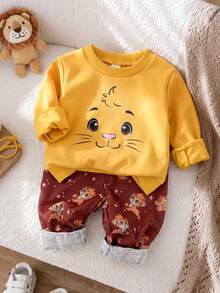 SHEIN Playful Pals 2件組幼兒男孩黃色純色圓領長袖套頭上衣 + 鬆緊腰獅子動物印花運動長褲，休閒可愛趣味街頭運動風套裝，適合秋季日常穿著、上學、旅行、度假、跑步等場合 - 黃色 - 查看 6