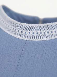 SHEIN LUNE CURVE 大尺碼拼接蕾絲V領短袖不對稱下擺洋裝 - 藍色 - 查看 9