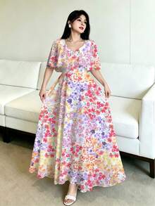 Modelyn 女款短袖數位印花收腰長洋裝，披肩袖荷葉邊裙襬，優雅迷人時尚 Y2K 約會派對洋裝，植物花卉小碎花沙灘度假洋裝 - 彩色 - 查看 3