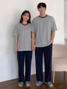 DAZY 夏季條紋T恤與純色長褲男士居家休閒套裝 - 彩色 - 查看 8