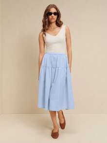 lacRébo Rok midi berpotongan sedang dengan garis-garis biru dan putih, kancing depan, dan panel berkerut untuk liburan musim panas dan kerja. - Biru - View 4