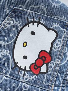 HELLO KITTY AND FRIENDS | SHEIN Women's All-Over Print Button Pocket Frayed Hem Casual Versatile Daily Wear Denim Shorts - Blue - View 6