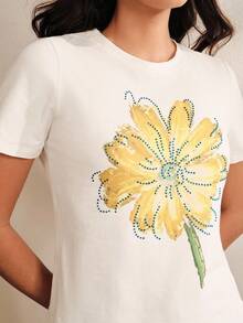 Anewsta Floral Print Casual Romantic Round Neck Short Sleeve T-Shirt Everyday White Summer - White - View 4