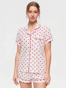Bonmuse 2pcs Comfortable Heart Print Pajama Set, Short Sleeve Collared Top With Pocket And Bow Shorts, Women Sleepwear Homewear For All Seasons - White - View 5