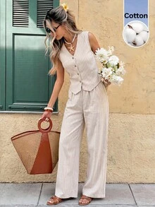 Serisse Women's Striped Single-Breasted Vest And Pants Casual Two Pieces Set - Apricot - View 8