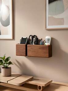 1PC Small Solid Wood No Drill Wall Mounted Storage Box Remote Control Holder Phone Charging Stand Natural Home Organizer For Living Room Trending Floating Shelves - multicolor - View 6