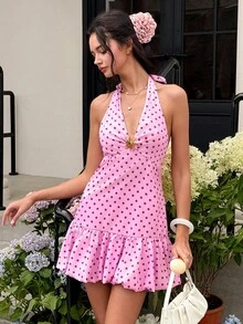 Cévolie Women's Metal Buckle Polka Dot Print Ruched Halter Neck Tie Waist Dress Vacation Pink Summer Vintage Romantic Old Money Tropical Cute - Multicolor - View 1