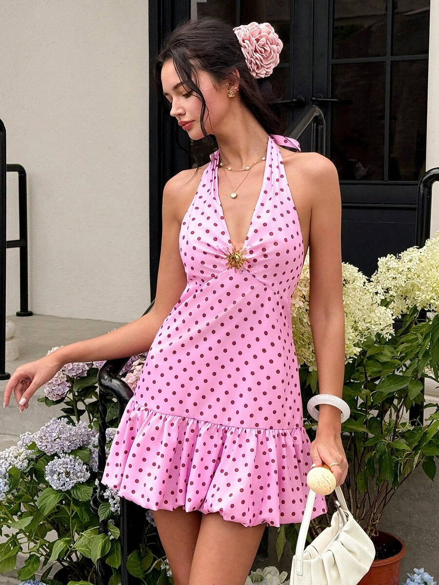 Cévolie Women's Metal Buckle Polka Dot Print Ruched Halter Neck Tie Waist Dress Vacation Pink Summer Vintage Romantic Old Money Tropical Cute - Multicolor - View 1