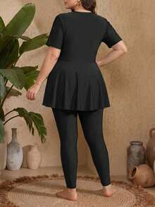 Swim Mulvari Burkini de tela de unicolor conservador para mujer talla grande - Negro - Ver 2