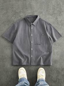 EASEVO Camisa de rayas con bolsillo con parche bordado para hombre de talla grande - Gris - Ver 2