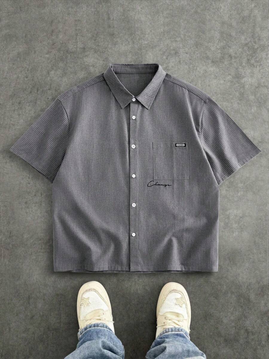 Manfinity RebelGame Men's Plus Size Embroidered Patch Pocket Striped Shirt - Grey - View 1