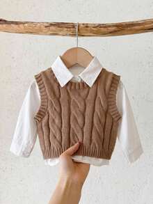 SHEIN LMoss Kids Baby Girl Solid Color Knit Round Neck Sleeveless Fitted Autumn Winter Sweater - Multicolor - View 1