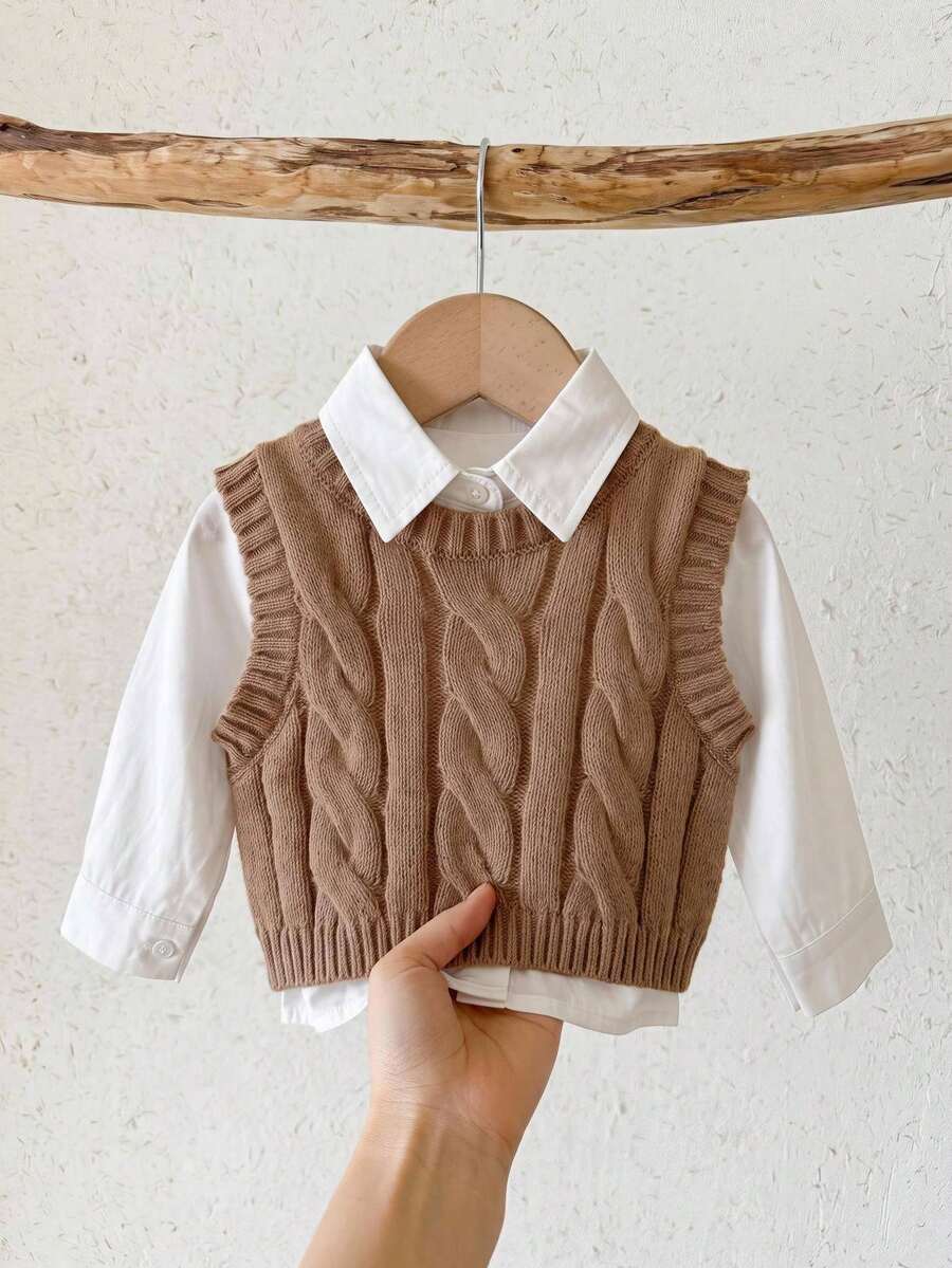 SHEIN LMoss Kids Baby Girl Solid Color Knit Round Neck Sleeveless Fitted Autumn Winter Sweater - Multicolor - View 1