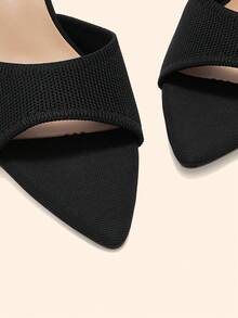 CUCCOO BASICS Ladies Classic Knitted Black Stiletto Kitten Heel Sexy Mueller Slip-On Open Toe Toothed Pointed Breathable Summer Striped Women's Sandals Commuter - Black - View 5