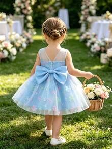SHEIN Glamorique Kids 嬰兒女童無袖公主洋裝，柔軟藍色薄紗搭配彩色3D花朵刺繡，背部可拆卸大蝴蝶結，適合寶寶週歲生日派對、生日慶祝、婚禮花童、家庭聚會、正式場合、日常出遊、拍照、度假、畢業舞會 - 藍色 - 查看 2