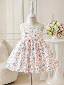 SHEIN Glamorique Kids 女嬰無袖洋裝，蕾絲面料搭配彩色碎花印花，背面可拆卸粉色緞面蝴蝶結，適合生日派對、家庭聚會、拍照、日常度假、婚禮、畢業舞會，夏季短洋裝 - 米色 - 查看 3