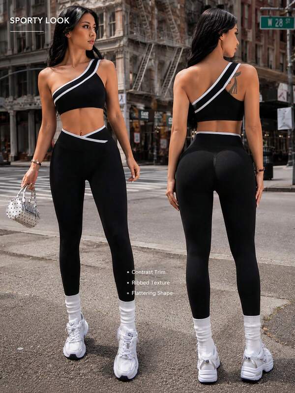 SHEIN Dewbera 1 Set, Black & White Contrast Asymmetric Shoulder Cross Waist Sports Set, One-Shoulder Tank Top & High-Waist Butt-Lifting Yoga Pants 2 Pieces Set, Soft & Comfortable Fit, Suitable For Workout, Running, Casual, Yoga